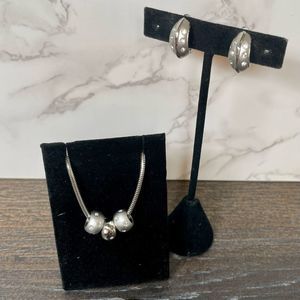 Brushed silver tone rhinestone necklace and earrings set